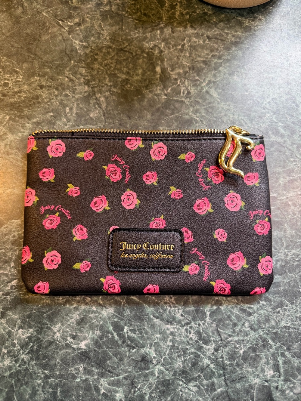 Juicy Couture Black Cosmetic Zip Pouch with Pink Rose Print